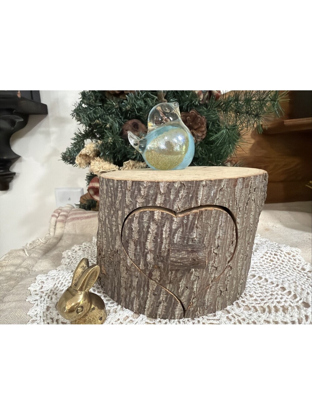 Unique Vtg Wood Log Hand Carved Jewelry Trinket Box Heart Shape Hidden Drawer